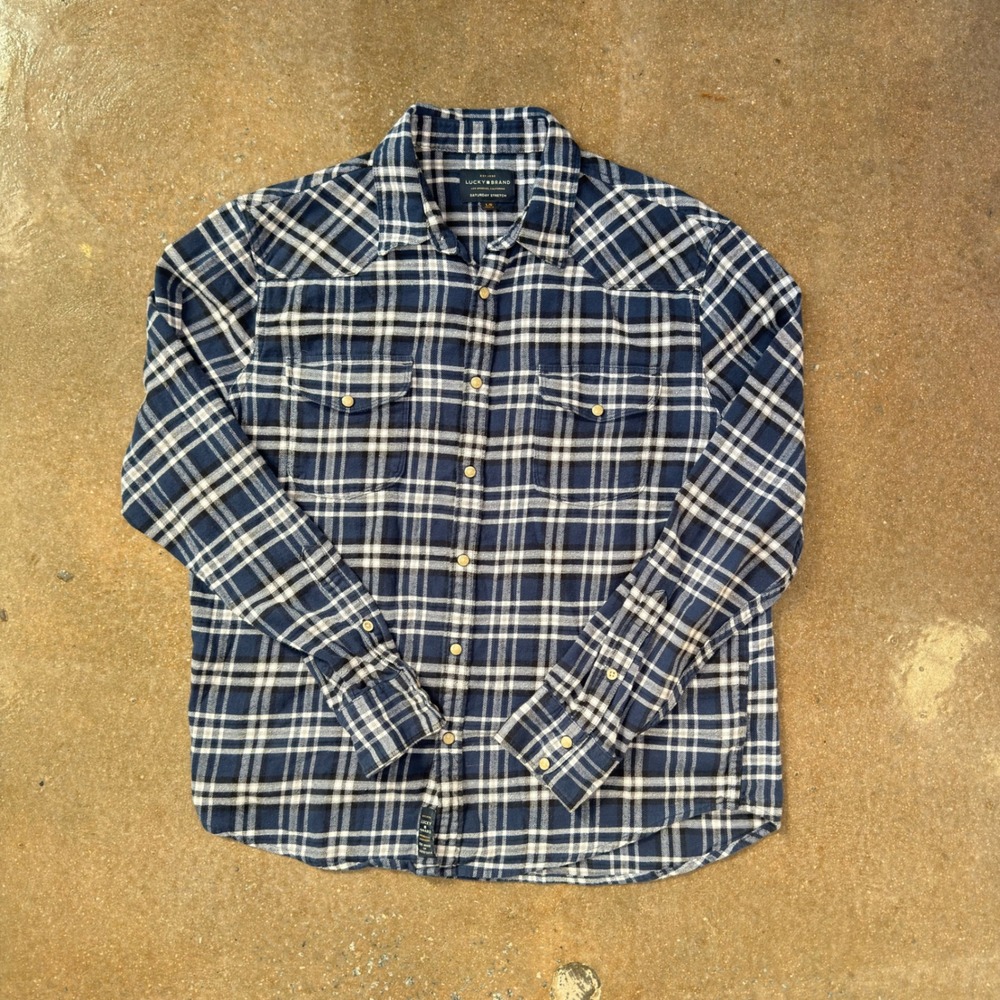 Lucky Brand Women Large Saturday Stretch Flannel Shirt Navy Blue Plaid Western L